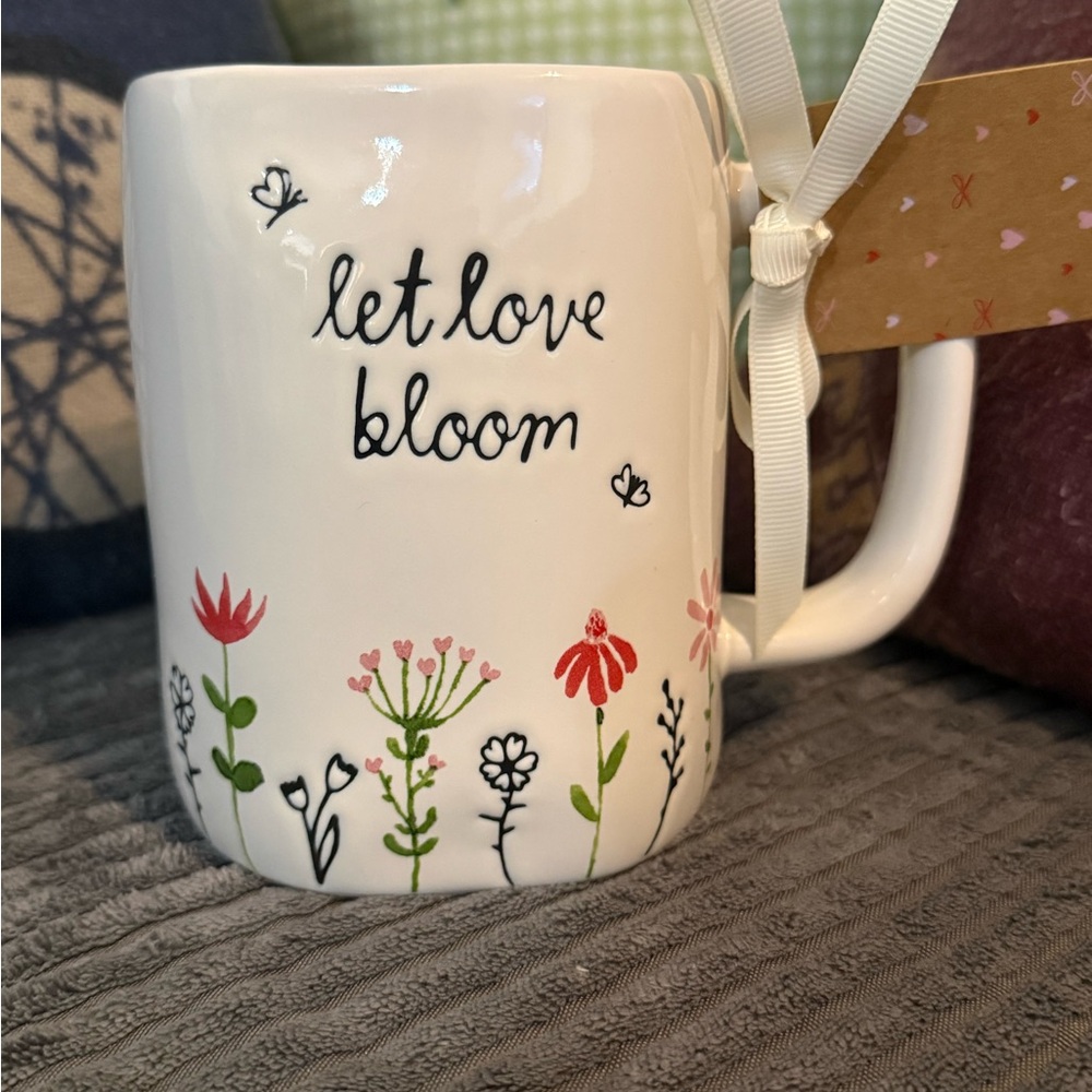 Rae Dunn White Ceramic Mug w/ Floral Pattern & Red Interior- LET LOVE BLOOM- NWT